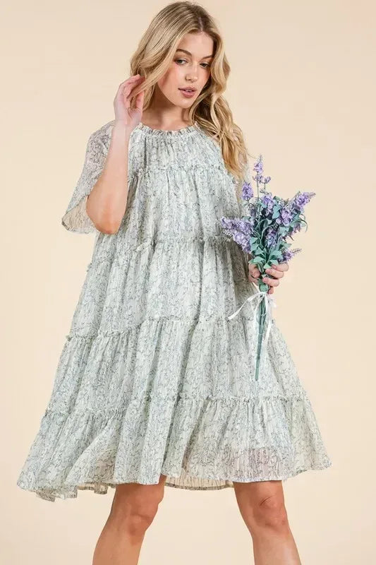 Lime 'N' Chili Ditsy Floral Print Sheer Ruffle Detail Mini Dress - DAVERRI FASHIONS