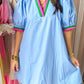 Light blue Notched Puff Sleeve Swing Dress with pink and green trim