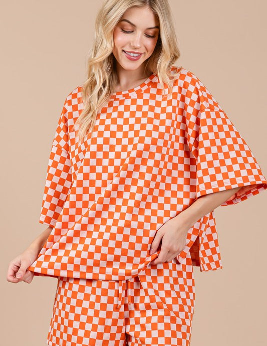 Ces Femme Checkered Round Neck Top and Shorts Set