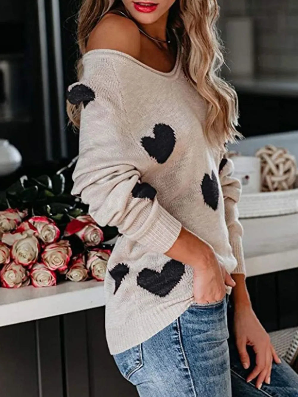 Beige off-shoulder heart scoop neck long sleeve sweater