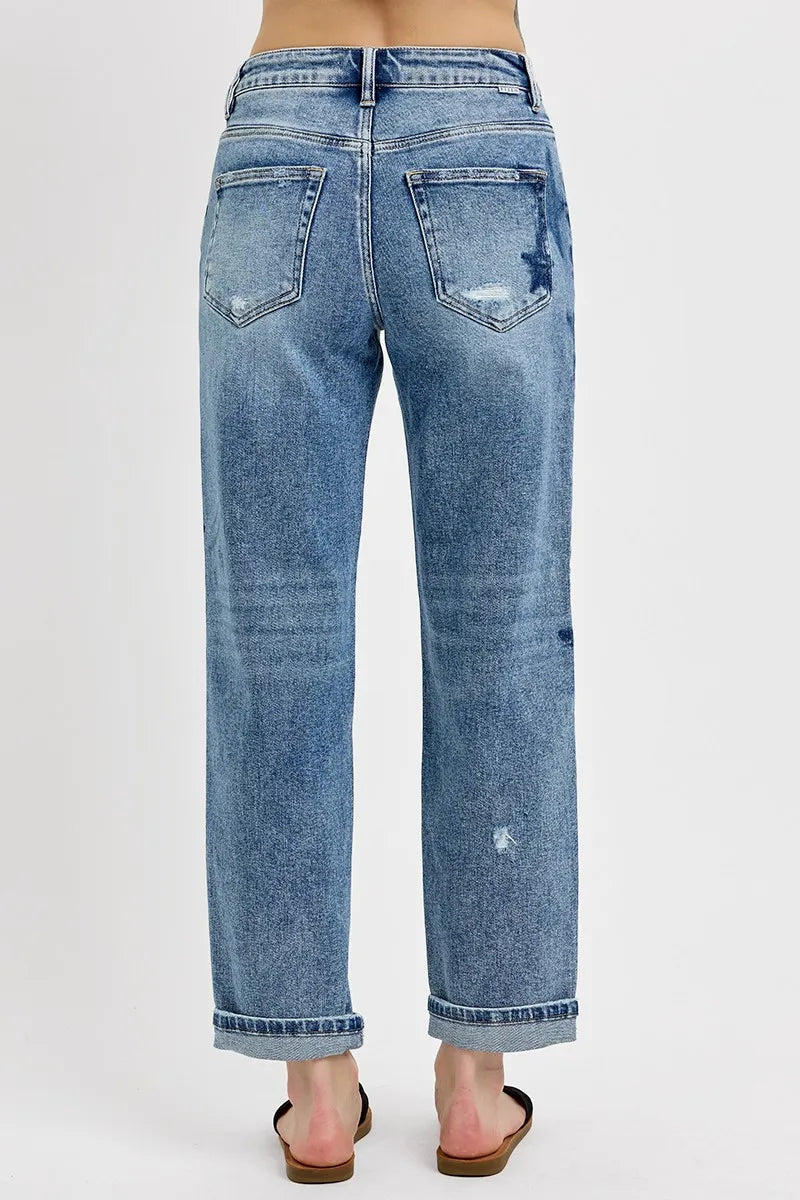 RISEN Full Size Mid Rise Boyfriend Star Shadow Detail Cuffed Jeans Jeans