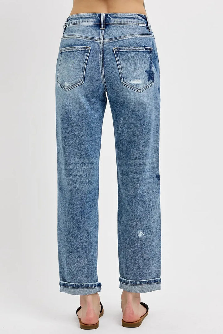 RISEN Full Size Mid Rise Boyfriend Star Shadow Detail Cuffed Jeans Jeans
