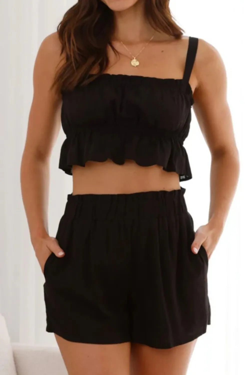 Daverri ruffled square neck cami crop top with frayed hemline