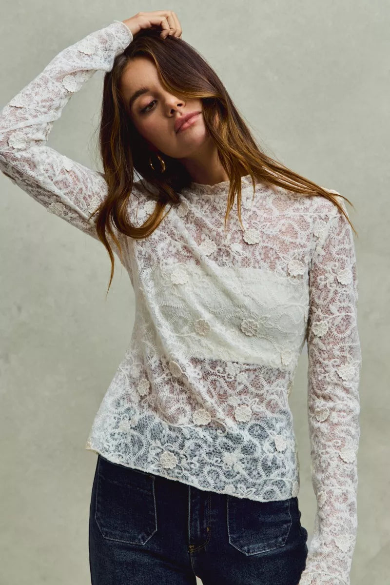 SO ME delicate white lace long-sleeve top with 3D floral patterns
