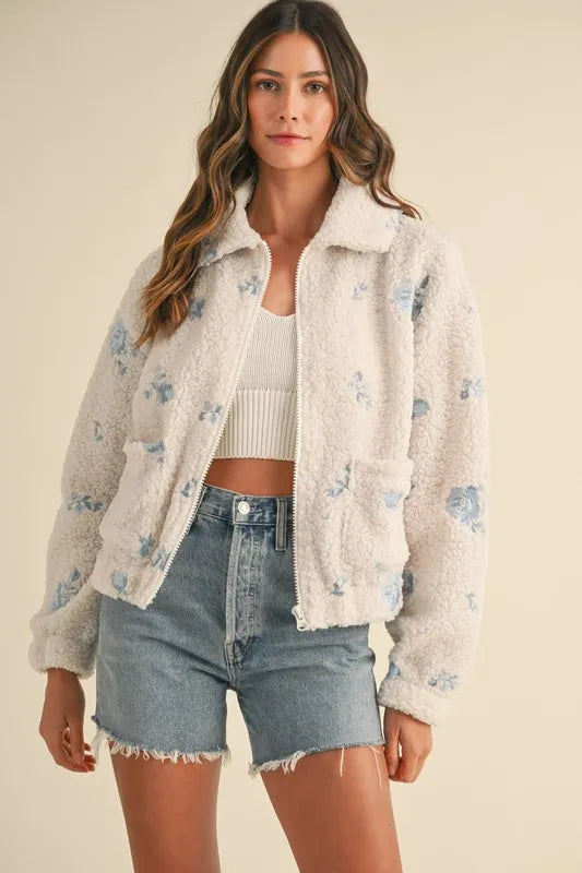 MABLE Floral Embroidered Fleece Teddy Jacket