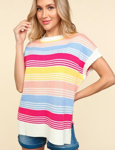 Haptics Striped Side Slit Short Sleeve Knit Top Blue Fuchsia Yellow