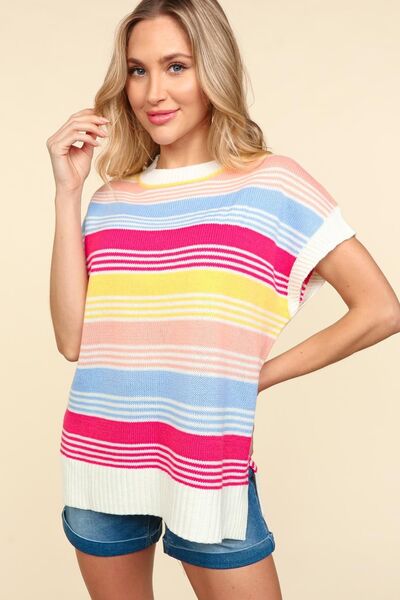 Haptics Striped Side Slit Short Sleeve Knit Top Blue Fuchsia Yellow