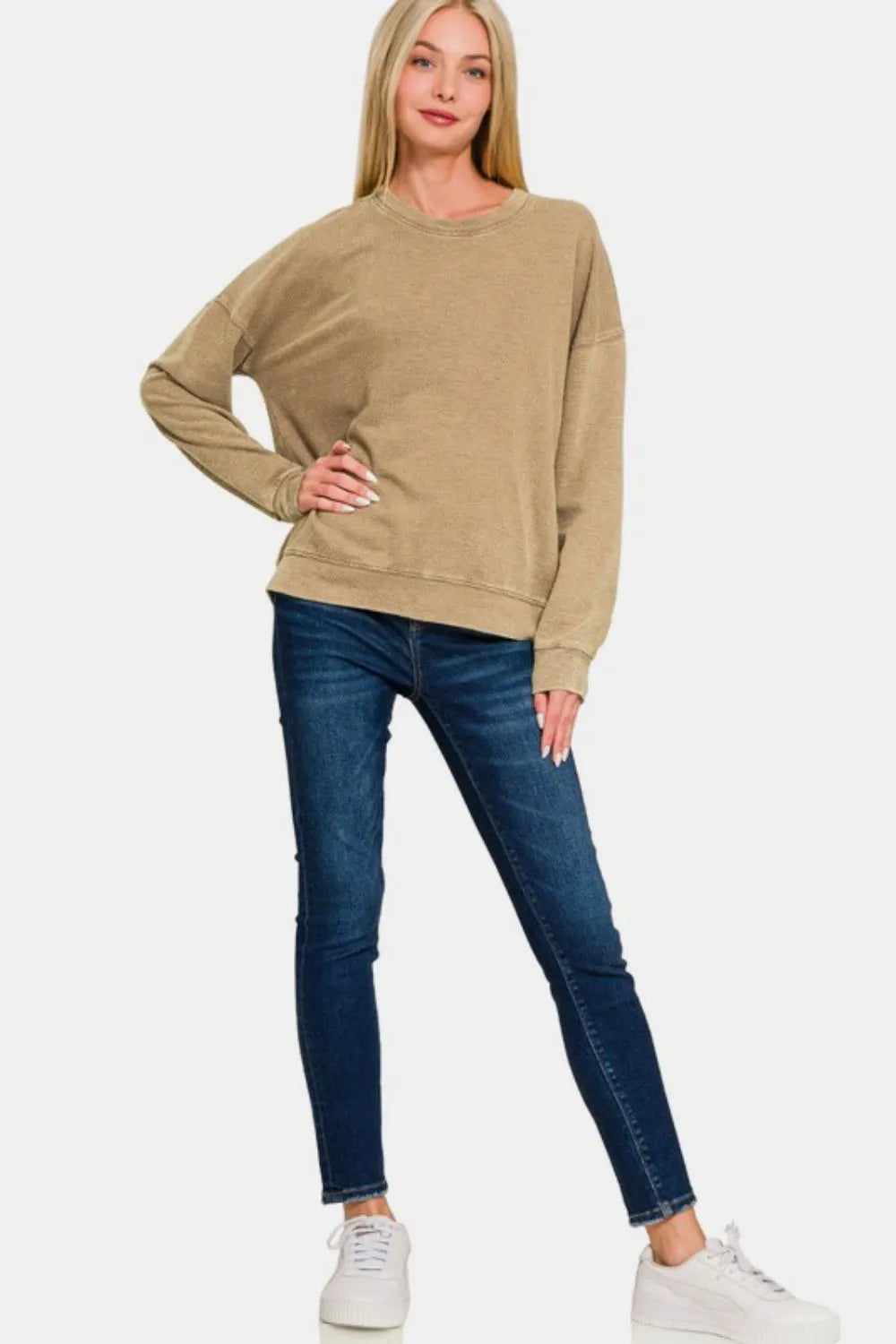 Zenana Washed Round Neck Dropped Shoulder Sweatshirt Sweatshirts