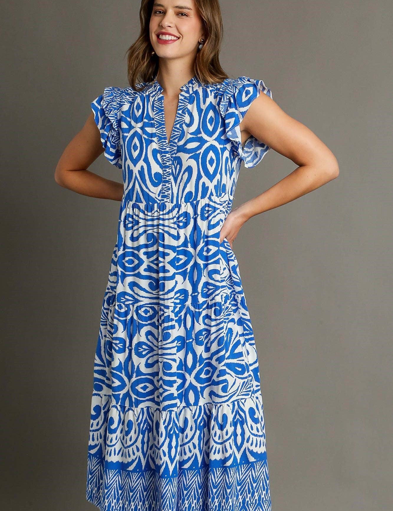 Blue Umgee Full Size Two Tone Border Print Ruffle Cap Sleeve Midi Dress Plus Size | Mid Dresses Daverri Fashions