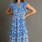 Umgee Full Size Two Tone Border Print Ruffle Cap Sleeve Midi Dress Plus Size Blue Mid Dresses