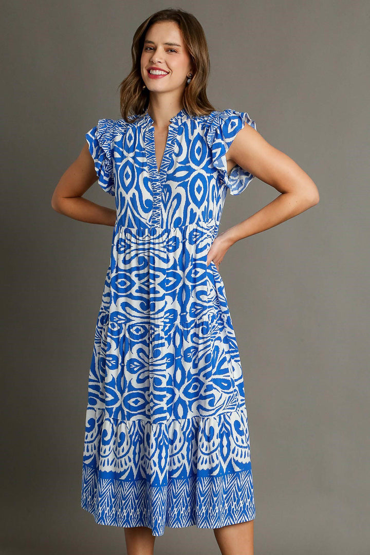 Umgee Full Size Two Tone Border Print Ruffle Cap Sleeve Midi Dress Plus Size Blue