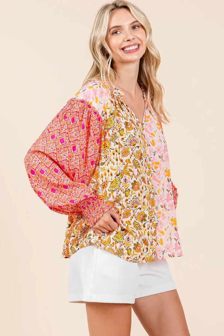 Mittoshop Mixed Patchwork Print Long Sleeve Blouse Tops