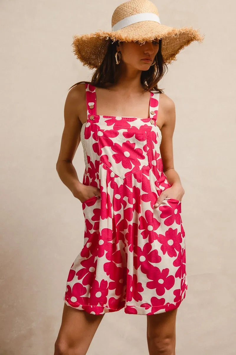 BiBi Floral Prints Tuck Detail Short Overall With Pockets Overalls