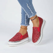 Rhinestone Round Toe Platform Loafers - DAVERRI FASHIONS