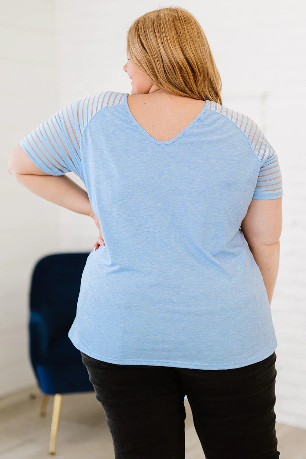Plus size v-neck raglan sleeve tee in light blue and gray stripes