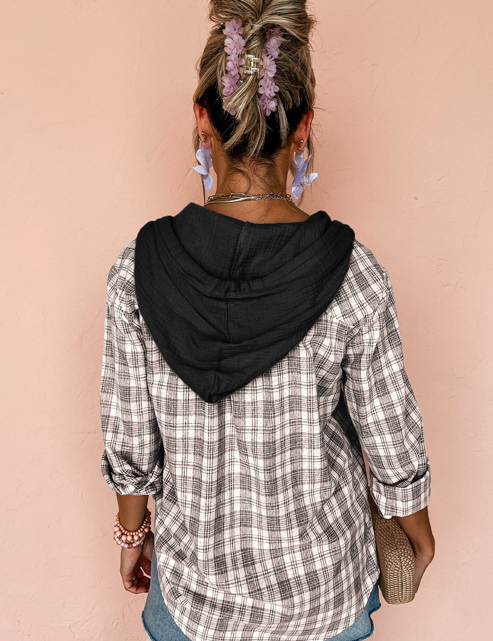 Pink Checkered Print Loose Fit Buttoned Hooded Shacket | Shackets Daverri Fashions