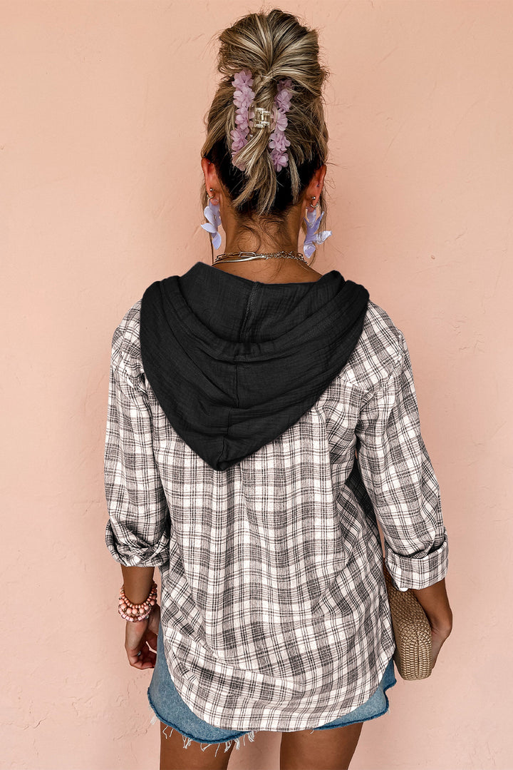 Pink Checkered Print Loose Fit Buttoned Hooded Shacket | Shackets Daverri Fashions