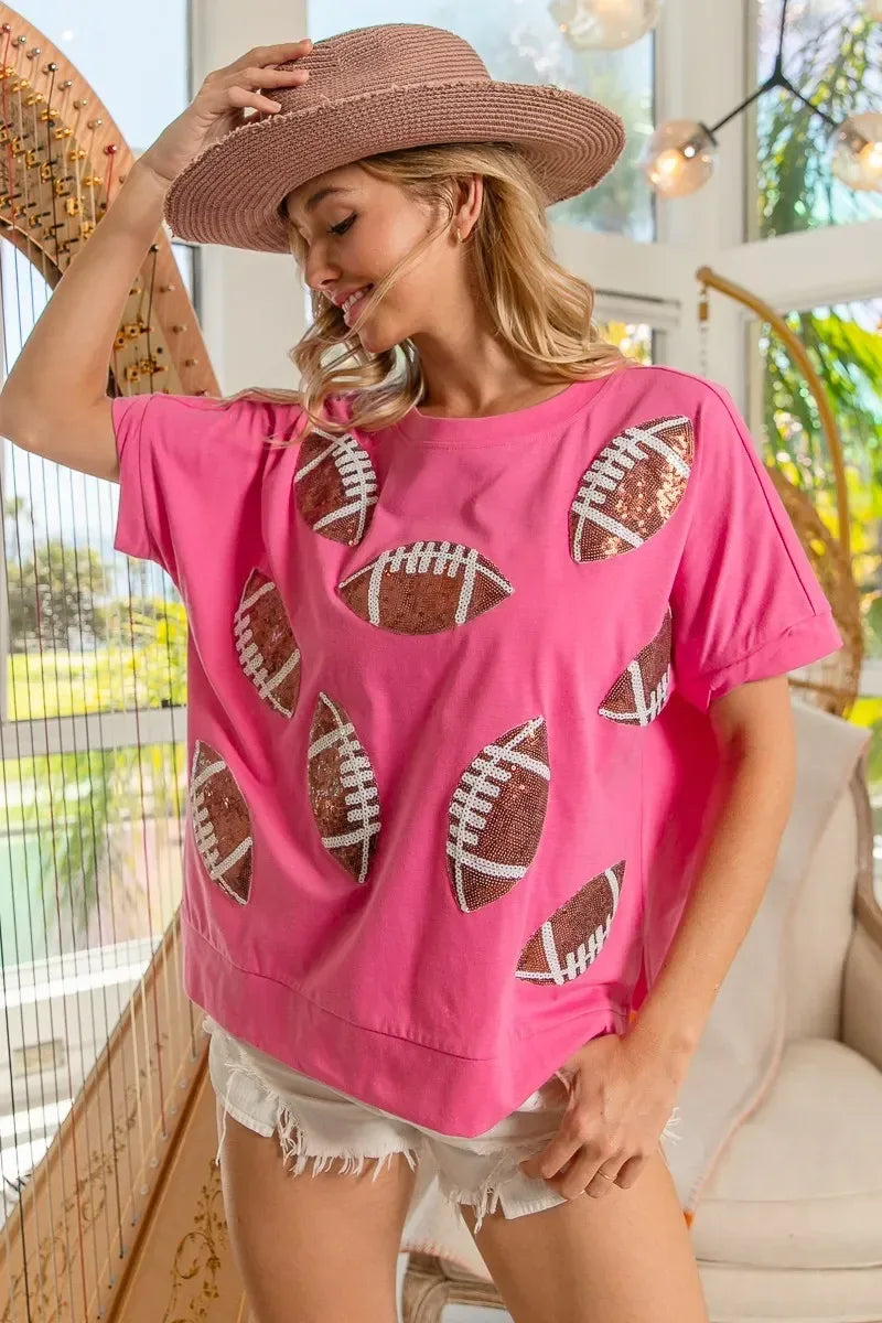 BiBi Game Day Sequins Patched Half Sleeves Top - DAVERRI FASHIONS