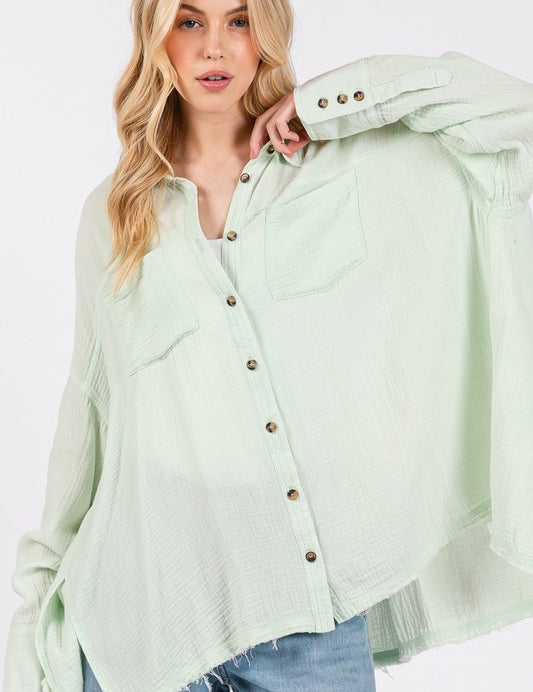 SAGE + FIG Frayed Hem Side Slit Button Down Shirt