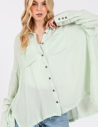 SAGE + FIG Frayed Hem Side Slit Button Down Shirt Tops