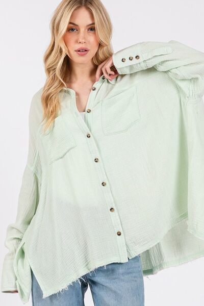 SAGE + FIG Frayed Hem Side Slit Button Down Shirt Tops