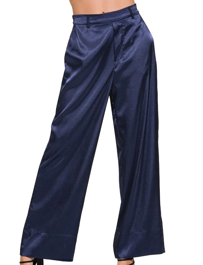 Zenana Wide-Leg Satin Pants Navy | Pants Daverri Fashions