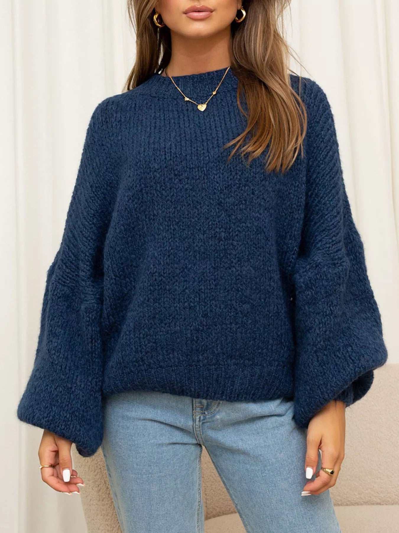 Navy Blue Round Neck Dropped Shoulder Sweater | Sweaters Daverri Fashions