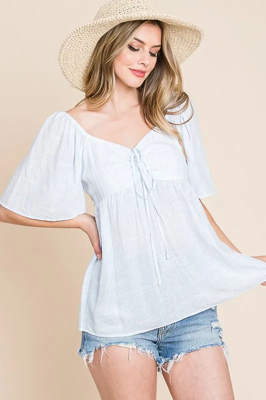 Lime 'N' Chili Thin Striped with Tie Front Babydoll Top | Tops Daverri Fashions