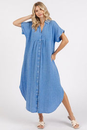 Mittoshop Mineral Wash V Neck Button Up Midi Shirt Dress