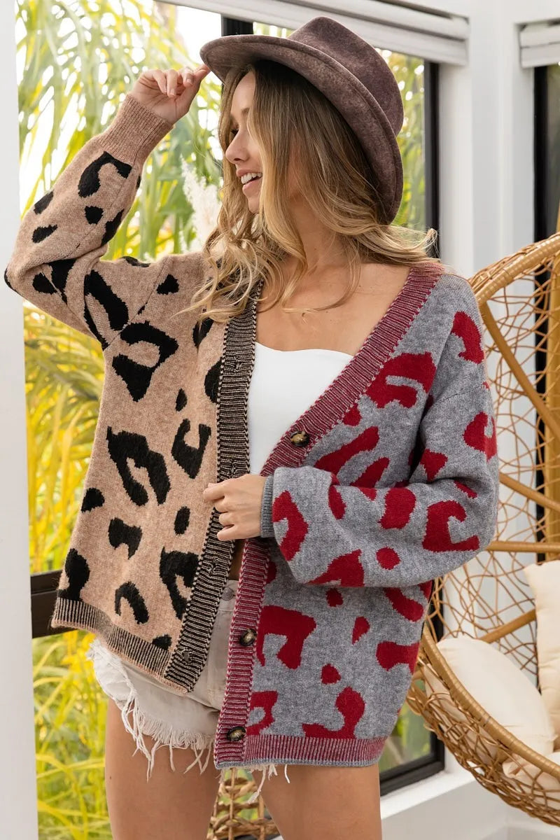TAUPE GREY MULTI BiBi Leopard Color Block Button Down Sweater Cardigan | Cardigans Daverri Fashions
