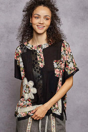 POL Lace Round Neck Short Sleeve Floral Pattern Top with Patch Detail | Blouses Daverri Fashions
