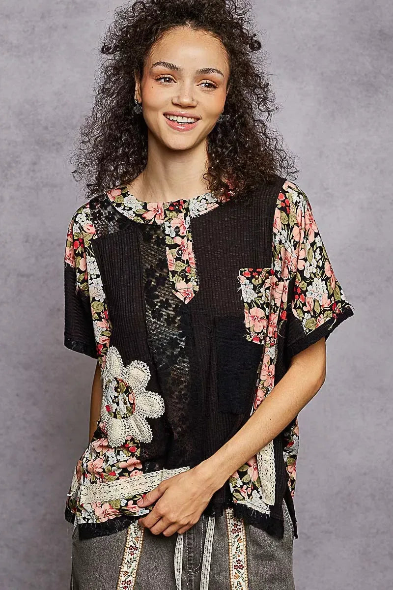 POL Lace Round Neck Short Sleeve Floral Pattern Top with Patch Detail - DAVERRI FASHIONS