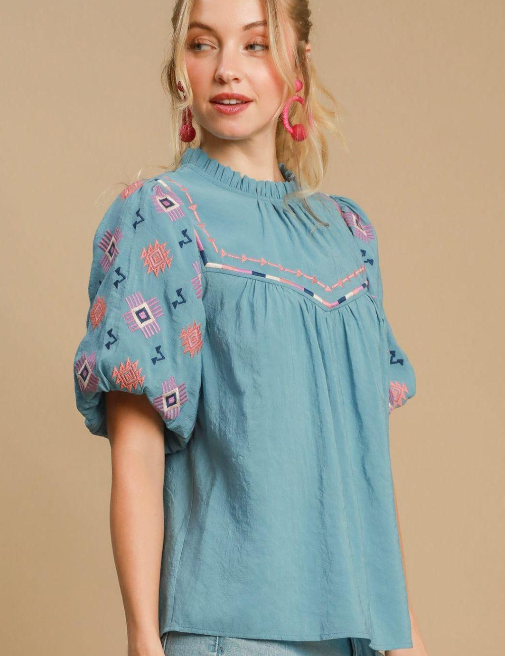 Umgee Full Size Embroidered Puff Sleeve Mock Neck Top Plus Size | Tops Daverri Fashions