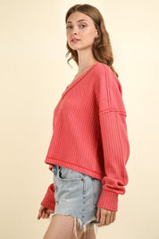 VERY J Exposed Seam V-Neck Ribbed Knit Top Tops