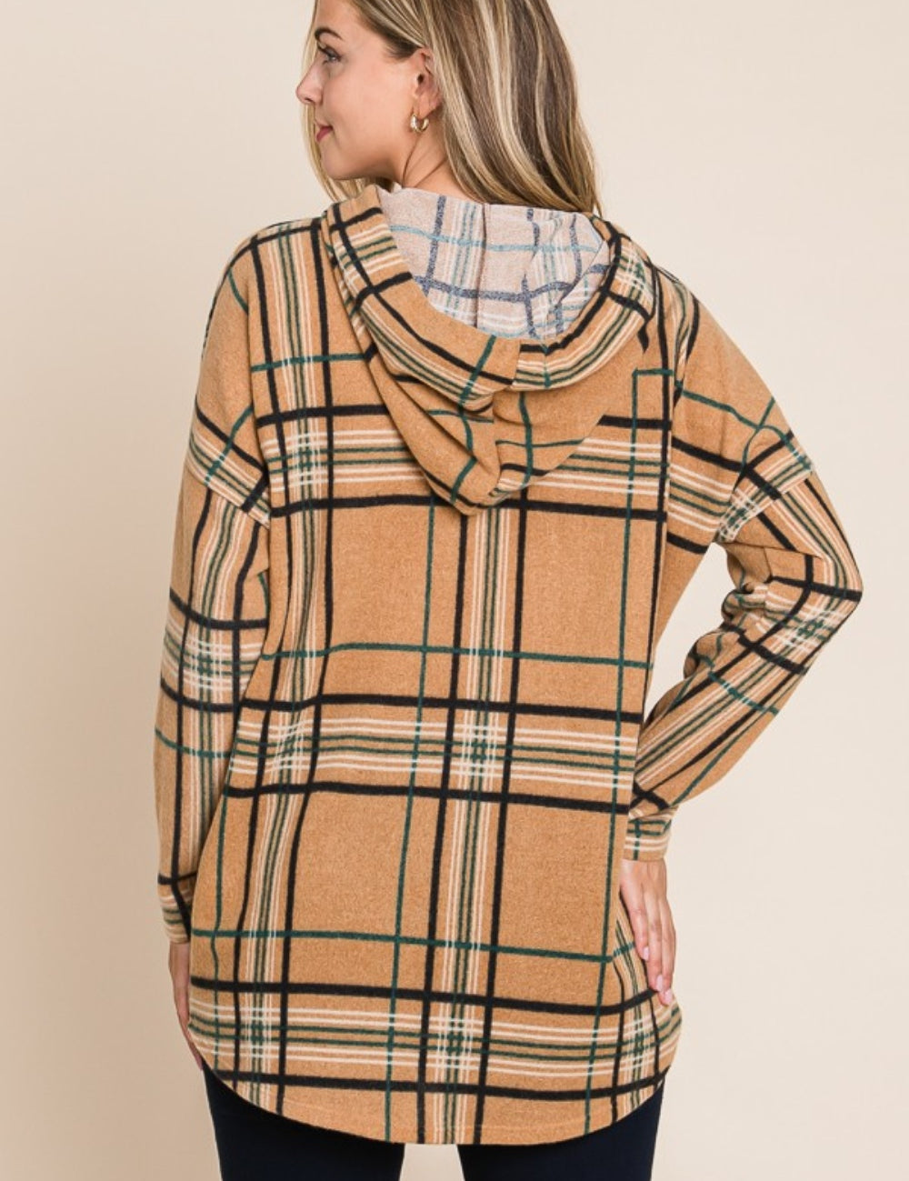 BOMBOM Drawstring Plaid Long Sleeve Hoodie | Daverri Fashions
