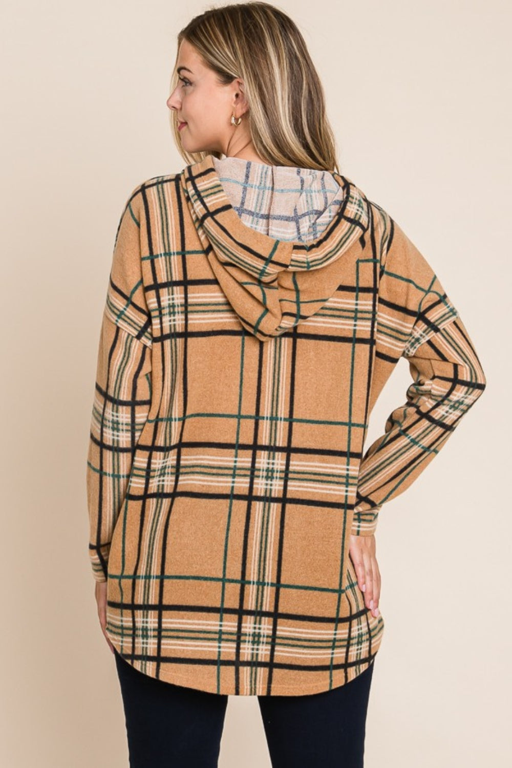 BOMBOM Drawstring Plaid Long Sleeve Hoodie Tops