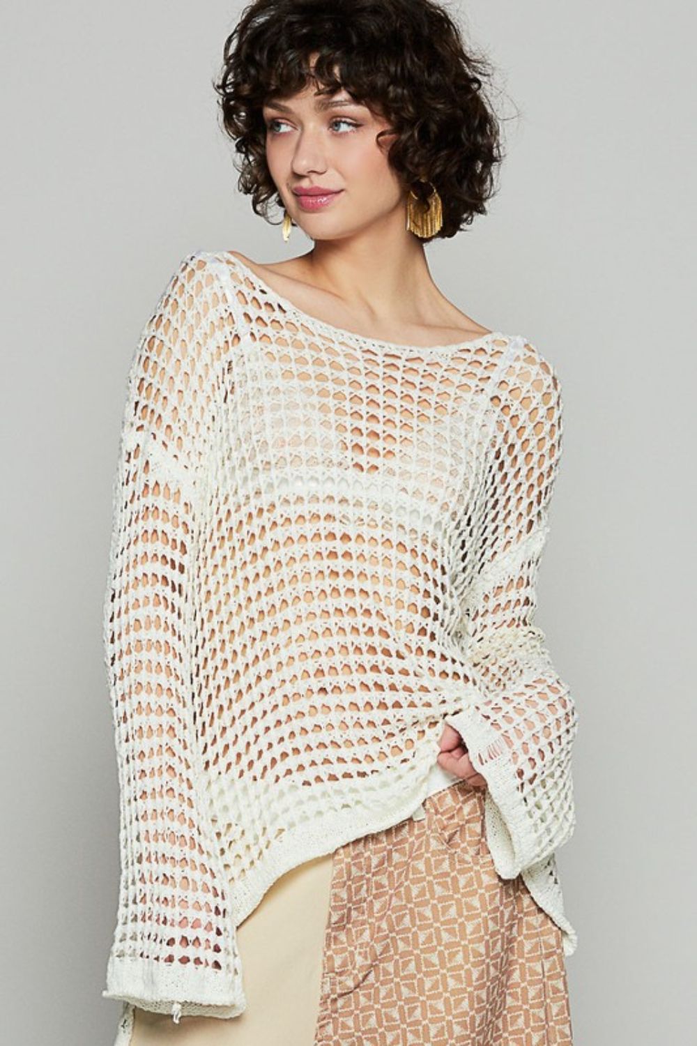 POL Side Slit Openwork Long Sleeve Knit Cover Up Cream