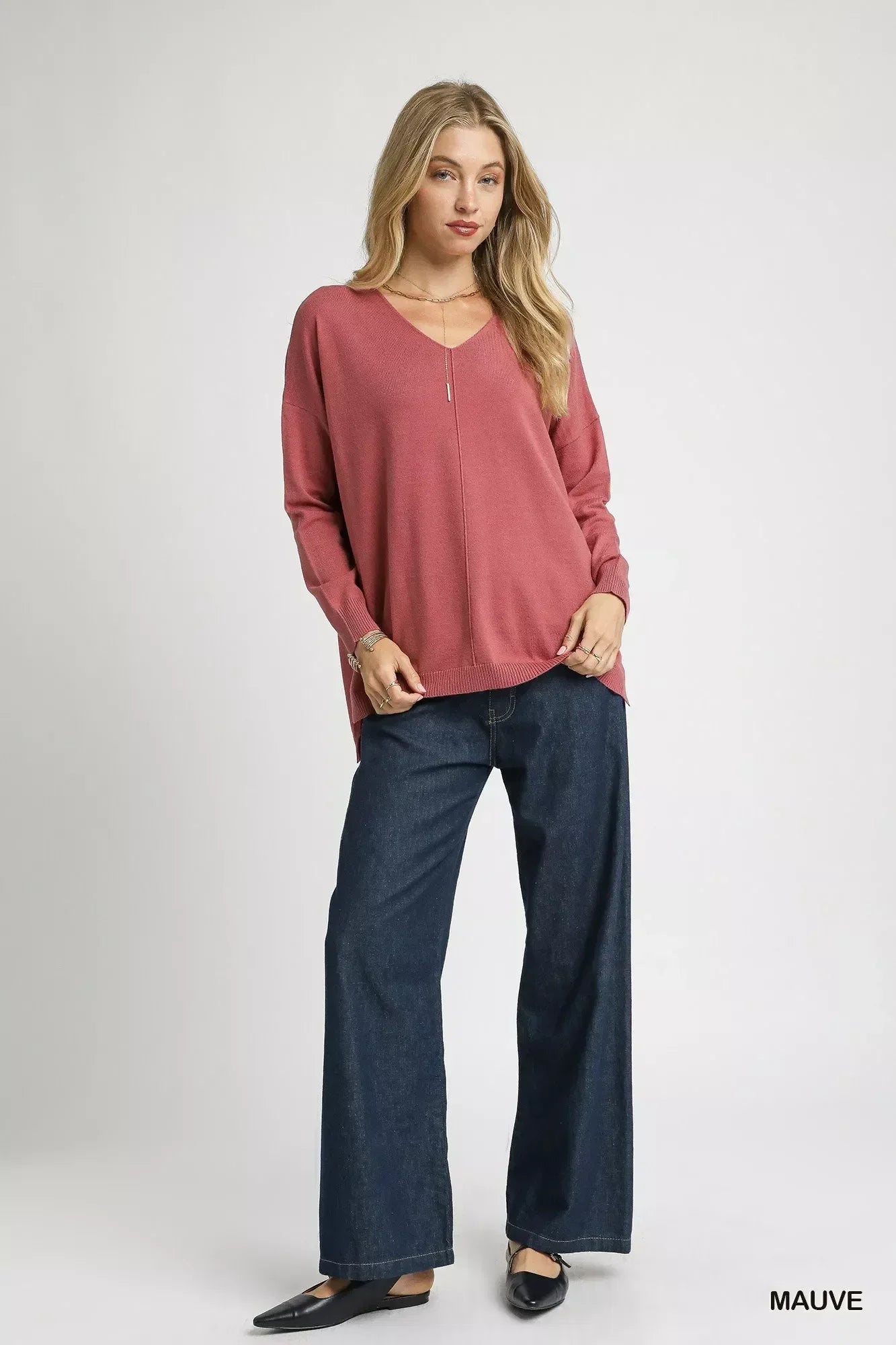 Umgee V-Neck High Low Hem Knit Top with Side Slit - DAVERRI FASHIONS