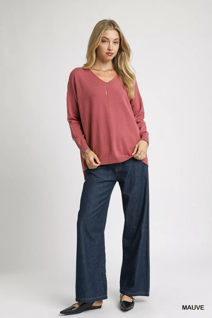 Umgee V-Neck High Low Hem Knit Top with Side Slit | Knit Tops Daverri Fashions