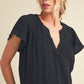 Aemi + Co Embroidered Trim Side Slit Notched Short Sleeve Blouse Blouses