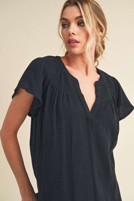 Aemi + Co Embroidered Trim Side Slit Notched Short Sleeve Blouse Blouses