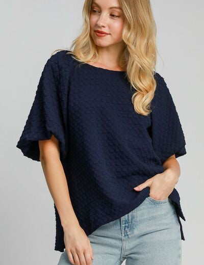 Umgee Full Size Boxy Cut Jacquard Round Neck Top with Side Slit Dark Navy Tops