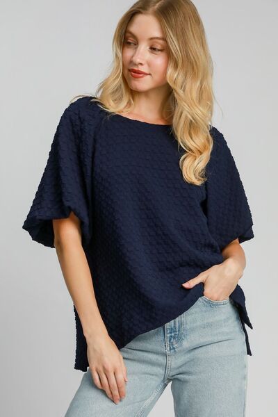 Umgee Full Size Boxy Cut Jacquard Round Neck Top with Side Slit Dark Navy Tops