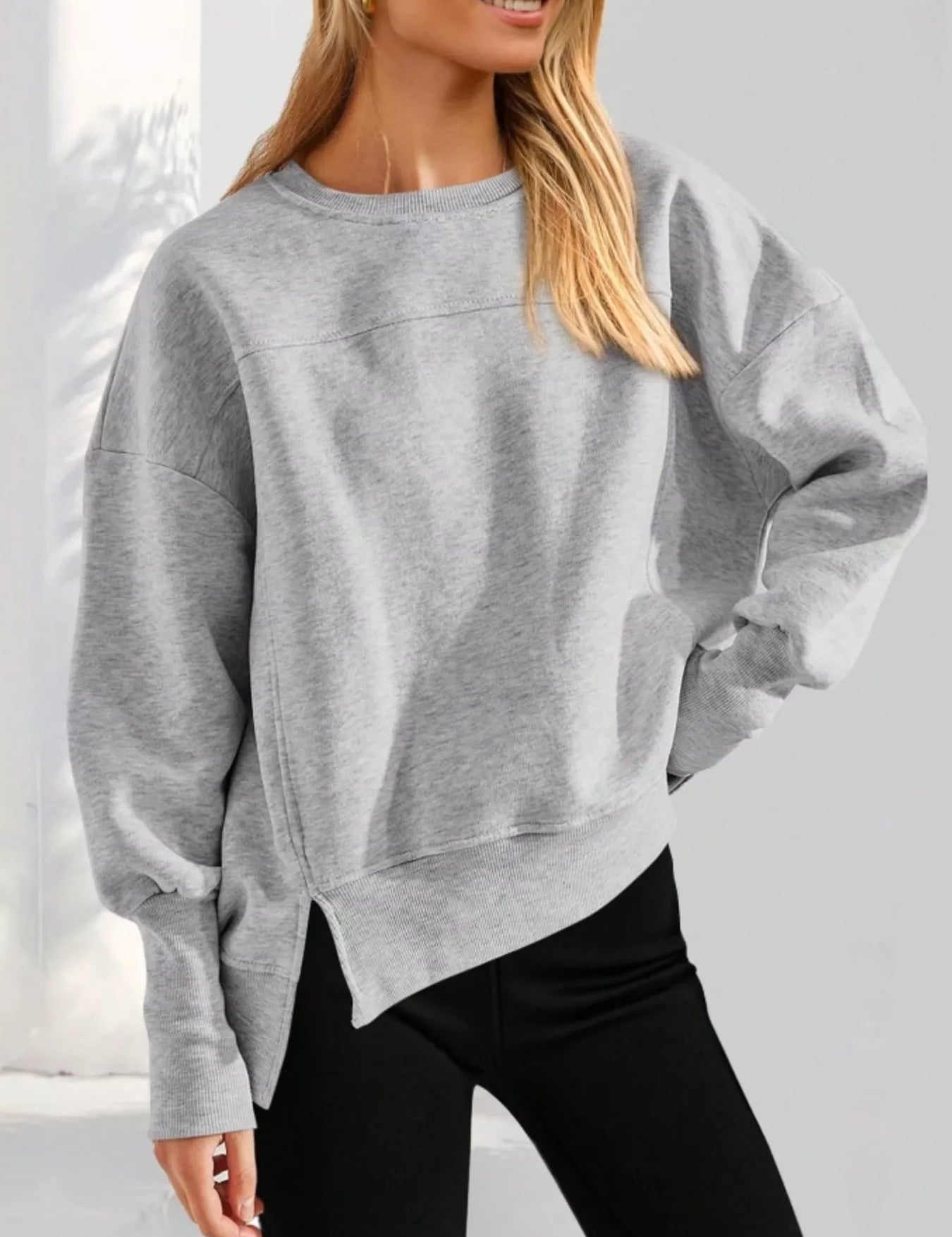 Slit Round Neck Dropped Shoulder Sweatshirt | Sweatshirts Daverri Fashions