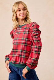 BiBi Christmas Plaid Exaggerated Shoulder Sleeves Top | Tops Daverri Fashions