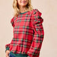BiBi Christmas Plaid Exaggerated Shoulder Sleeves Top - DAVERRI FASHIONS