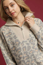 Umgee Leopard Print Quarter-Zip Knit Sweater | Sweaters Daverri Fashions