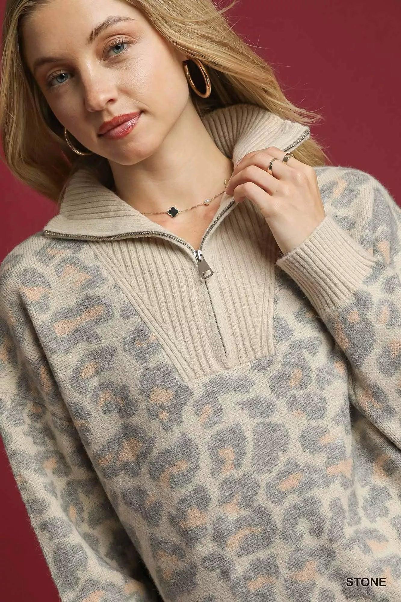 Umgee Leopard Print Quarter-Zip Knit Sweater - DAVERRI FASHIONS