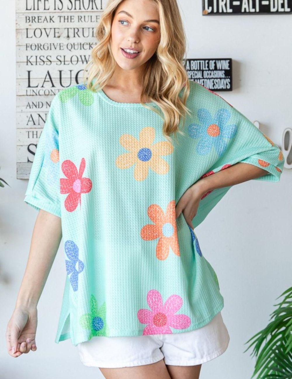 HOPELY Floral Waffle Oversize T-Shirt Neon Green S Shirts & Tops