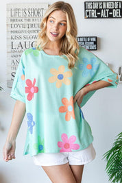 HOPELY Floral Waffle Oversize T-Shirt Neon Green S Shirts & Tops